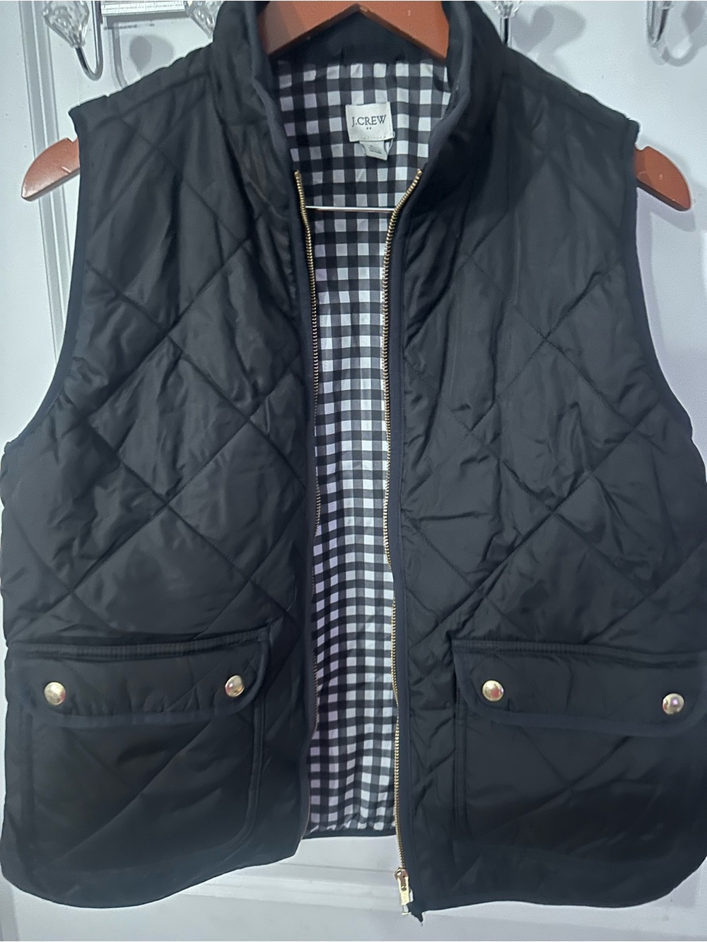 J. Crew Black Quilted Men’s Vest with Gingham Lining